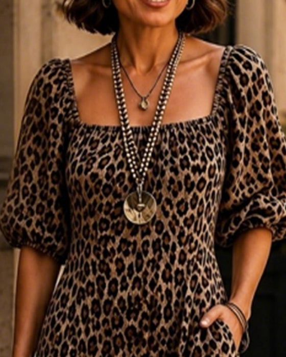 Klädning Fyrkantig Hals Leopard Mode