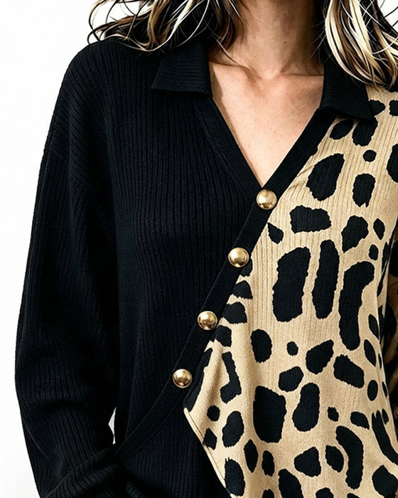 Pullover Leopard Patchwork Asymmetrisk Knappslå Färgblock
