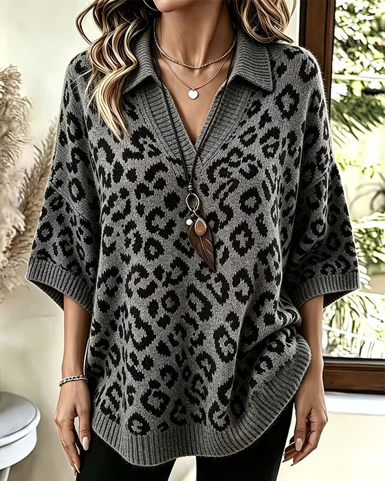 Pullover Kragad V-Hals Leopardmönster Halvärm Tröja