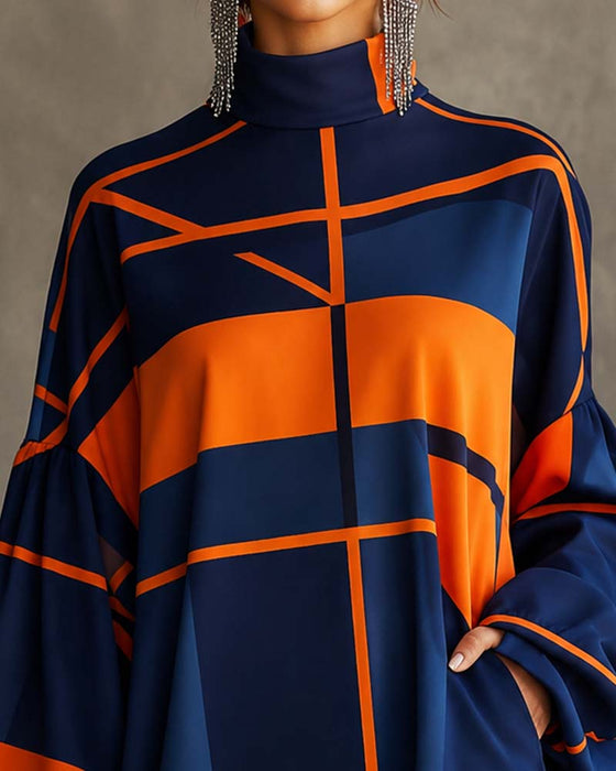 Klänning Kontrastfärg Turtleneck Lyktsärm