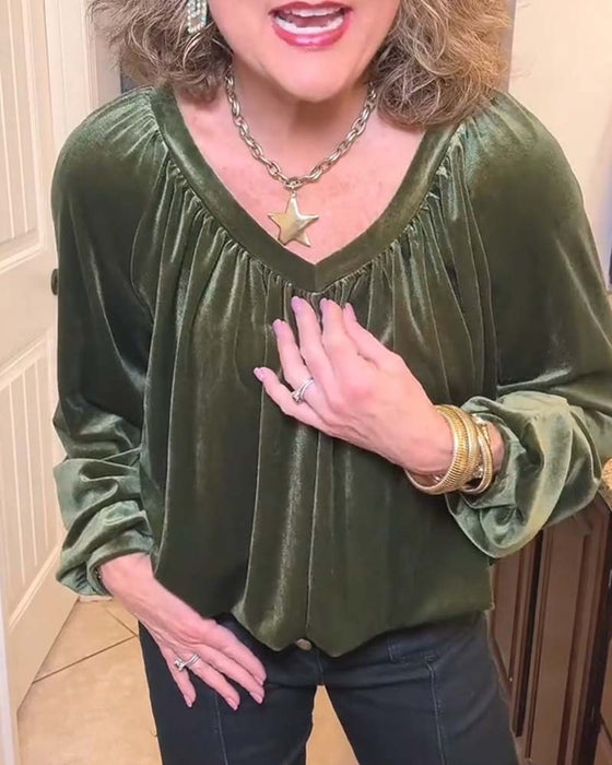 V-Neck Smocked Cutout Long Sleeve Blouse