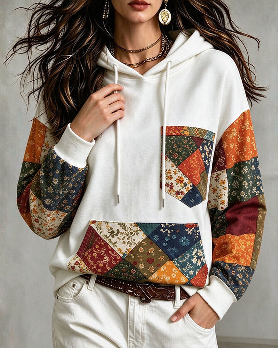 Hoodie Patchwork Tryck Huvförsedd
