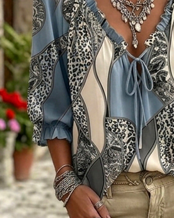 Blus V-Hals Leopard Puffärm Knyt