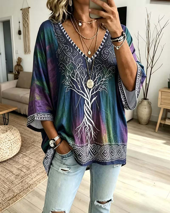 Blus V-Hals Ombre Färgblock