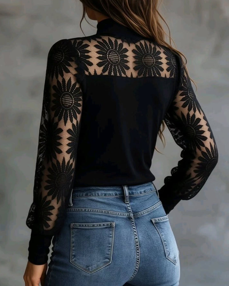 Topp Solros Spets Panelerad Turtleneck