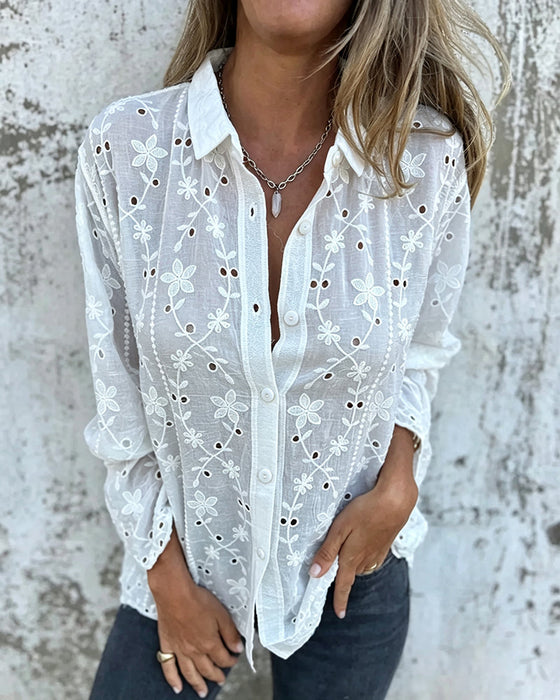 Blouse Floral Hål-Utskuren Långärmad