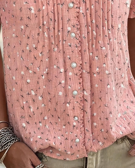 Blus Puffärm Blommig Tryck Kortärmad