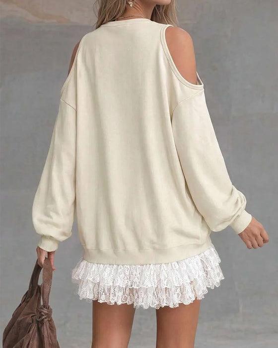 Klänning Cold Shoulder Lyktskärmsärm Spets Patchwork