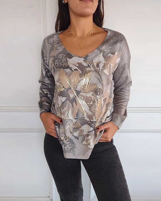 Långärmad topp med V-ringad vintage med blommigt tryck