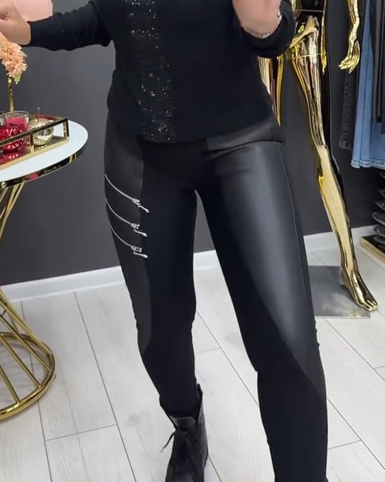 Leggings PU Lapptäcke Dragkedja Utsmyckad