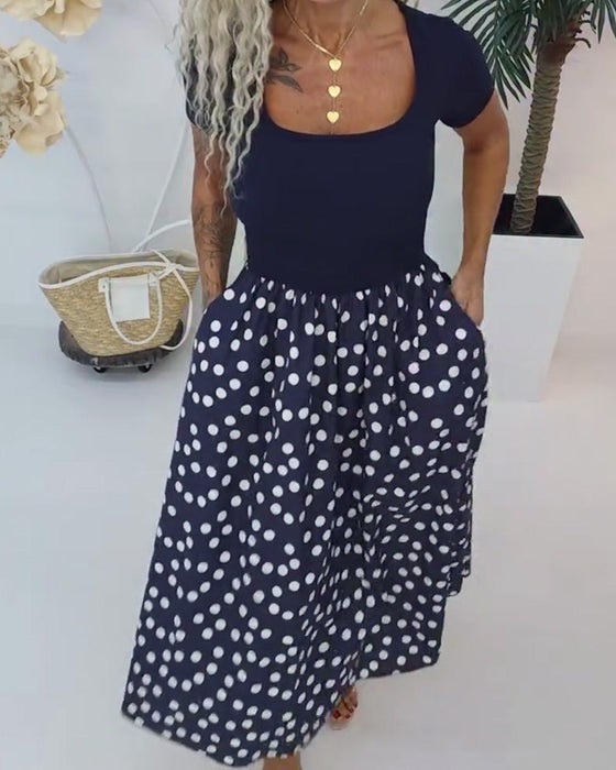 Klädning Fyrkantig Hals Polka Dot Patchwork