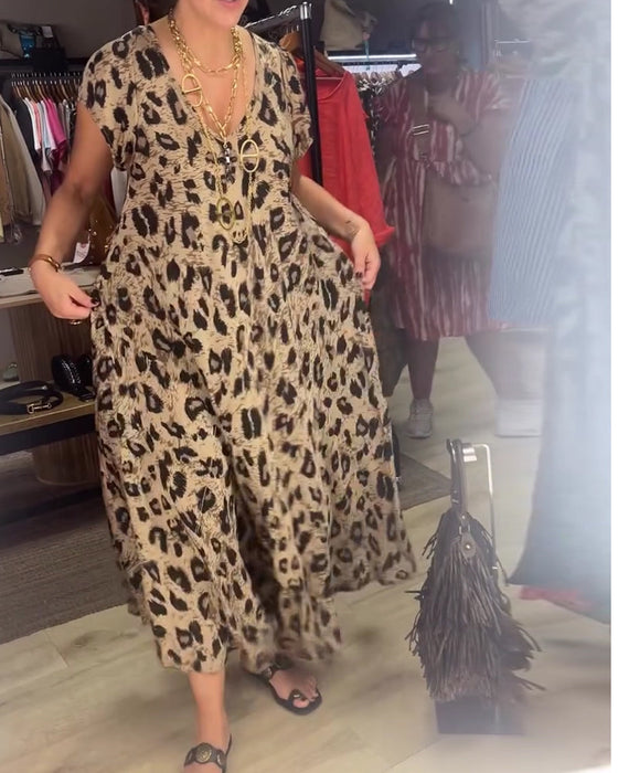 Klädning V-Hals Leopard Kort Ärm