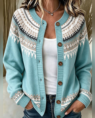 Mönstrad Cardigan Med Långa Ärmar Och Knappar