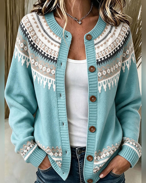 Mönstrad Cardigan Med Långa Ärmar Och Knappar