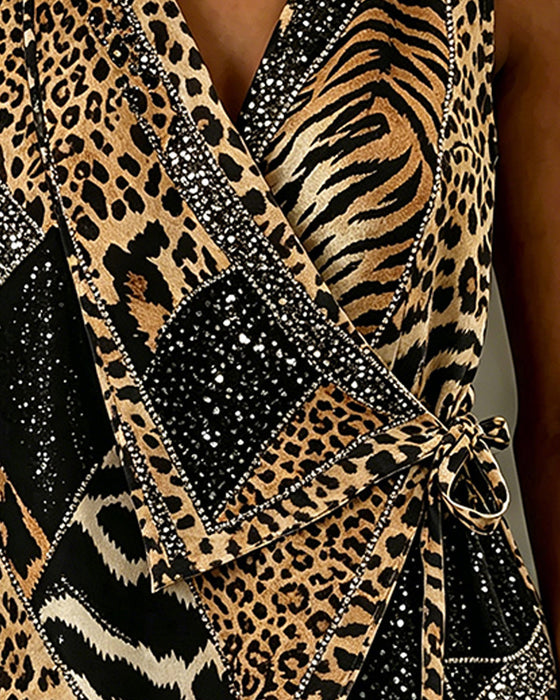 Blus Leopardtryck Knytband Fram Ärmlös