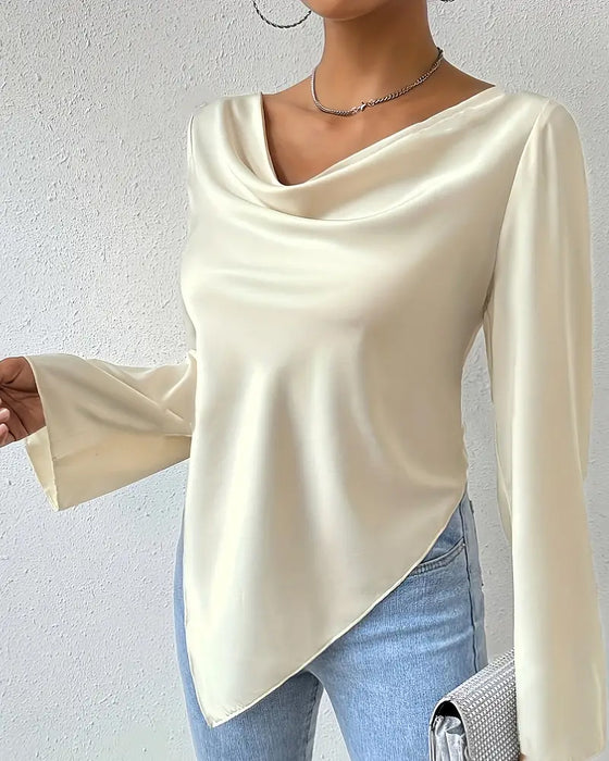 Casual enfärgad oregelbunden blus med veck och lång ärm