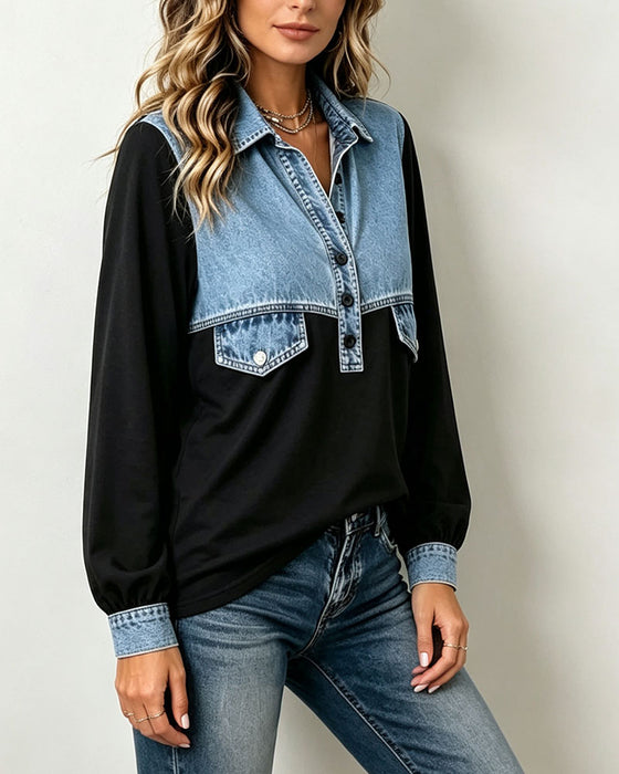 Sweatshirt Skjortkrage Ficka Patchwork