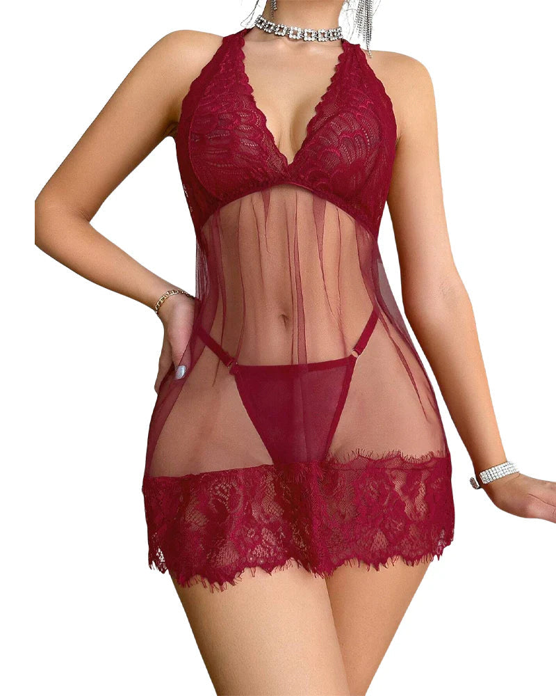 Blommig Spets Halterneck Babydoll Underklänning Med Trosa