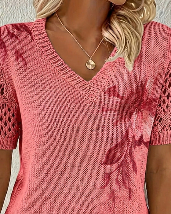 Pullover V-Ringning Stickad Blommig