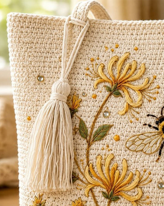 Väska Handgjord Virkad Bi Broderad Tote