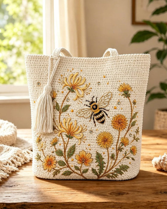 Väska Handgjord Virkad Bi Broderad Tote