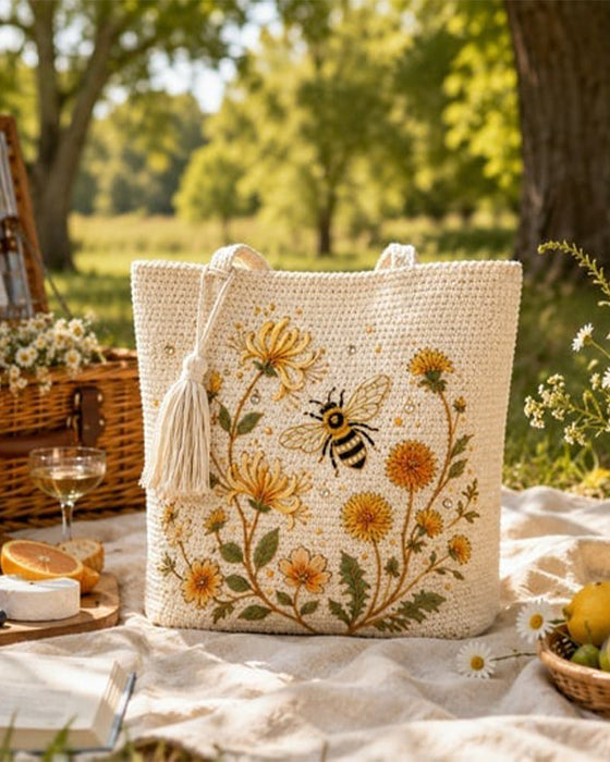 Väska Handgjord Virkad Bi Broderad Tote