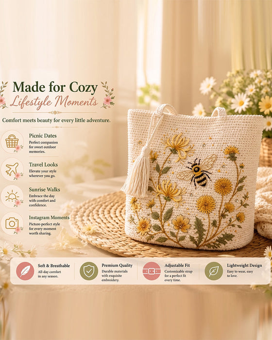 Väska Handgjord Virkad Bi Broderad Tote