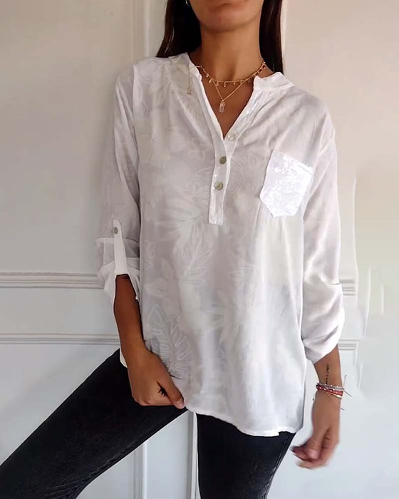 Patchwork topp med paljetter med bladtryck