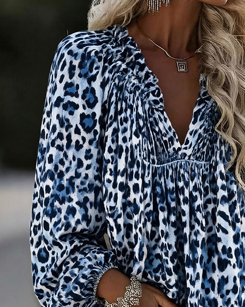 Blus V-Hals Leopard Tryck Rynkad Puffärm