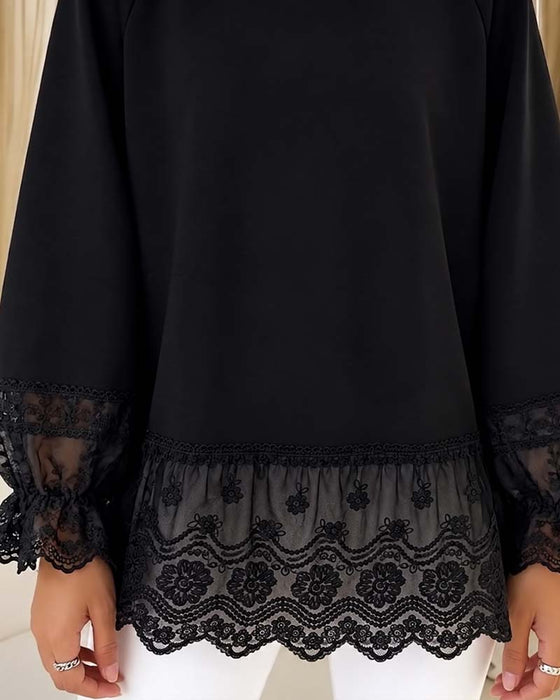 Blus Patchwork Lång Ärm Rundhalsad