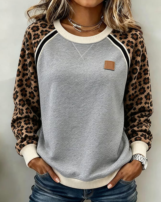 Sweatshirt Leopard Färgblock Rundhalsad
