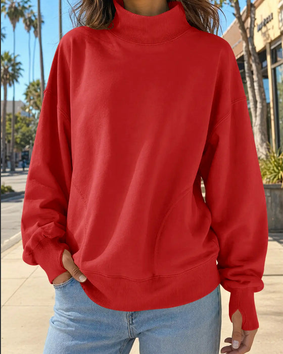 Sweatshirt Hög Hals Droppad Axlat Enfärgad