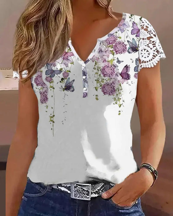 Topp Med Floral Butterfly Print Lace Patch Stil