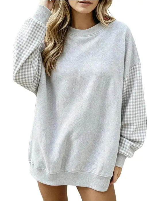 Sweatshirt Rundhalsad Rutig Lapptäcke Enfärgad