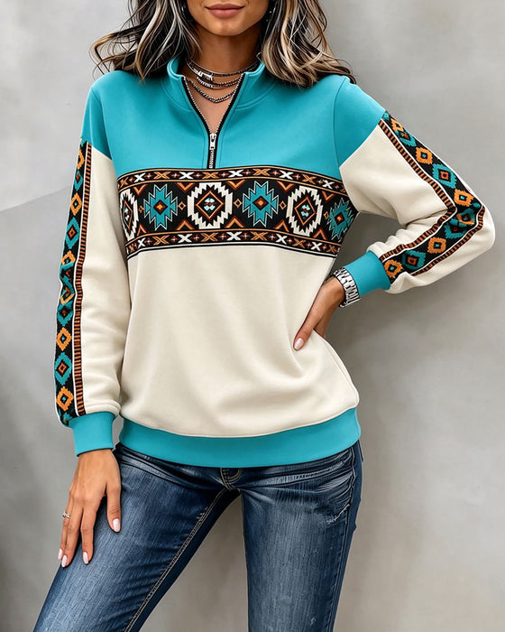 Hoodie Etnisk Geometrisk Print Halvdragkedja Mandarin Krage