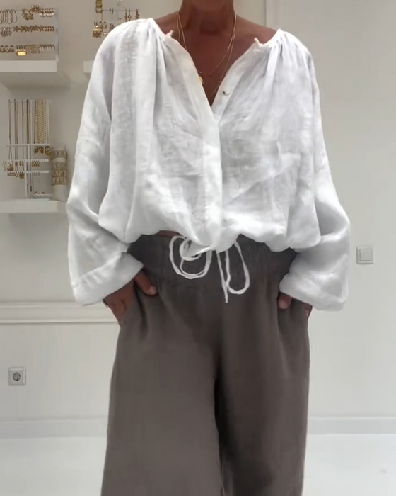 Blus 100 % Bomull Långärmad Rynkad Knut
