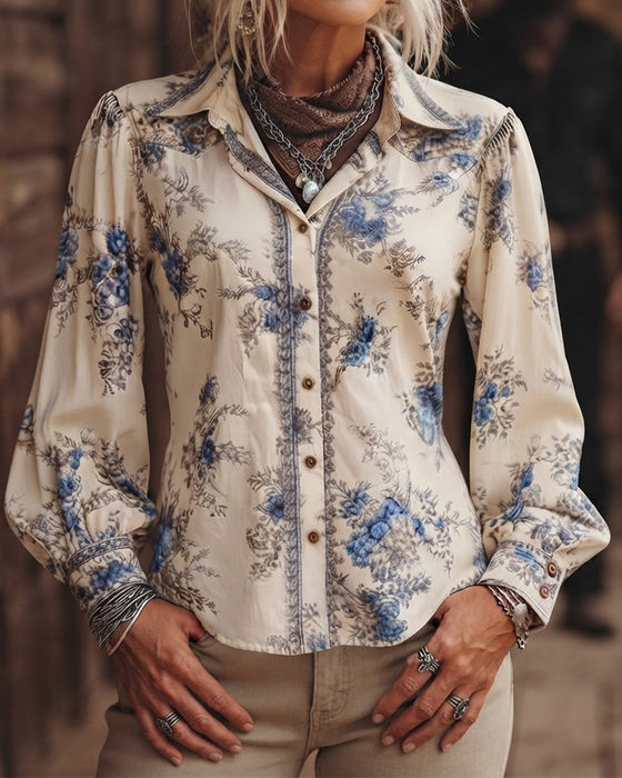 Vintage-Stil Blommig Långärmad Skjorta Med Krage