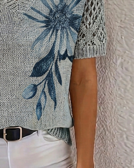 Pullover V-Ringning Stickad Blommig