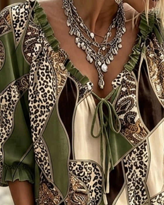 Blus V-Hals Leopard Puffärm Knyt