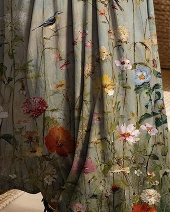 Klänning Skjortkrage Blommig Denim Patchwork