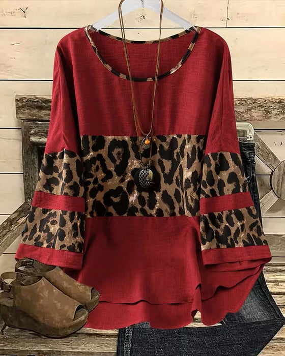 Topp Rundhalsad Leopard Färgblock