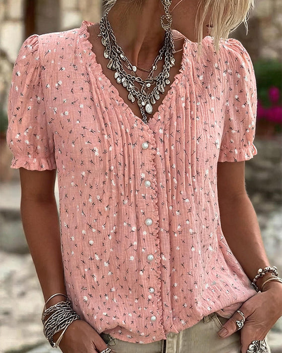 Blus Puffärm Blommig Tryck Kortärmad