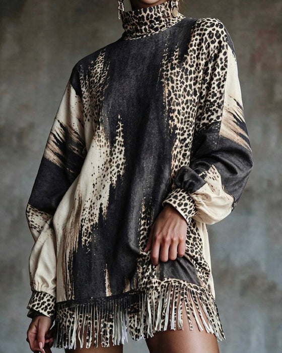 Klädning Polokrage Leopard Färgblock