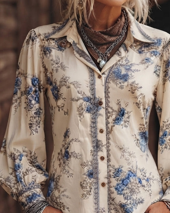 Vintage-Stil Blommig Långärmad Skjorta Med Krage