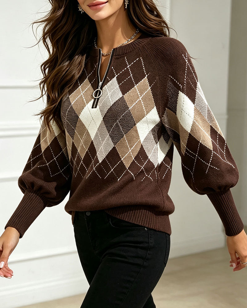 Tröja Rutmönster Jacquard Halv-Zip Lykta Ärm