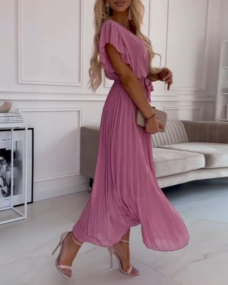 Enfärgad elegant klänning med volang ärm och V-ringning