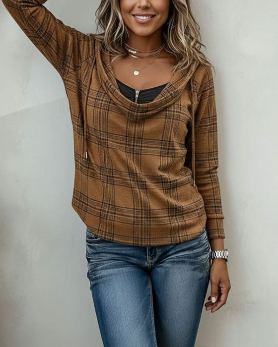 Topp Rutig Mock Layered Turtleneck Hoodie