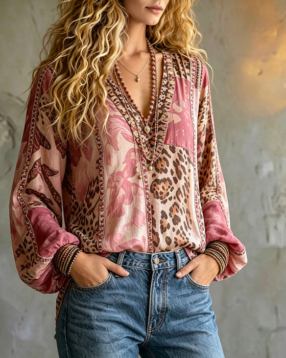 Blus V-Hals Leopardmönster Färgblock Lyktsärm
