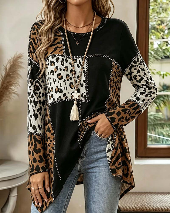 Blus Leopard Tryck Patchwork Oregelbunden