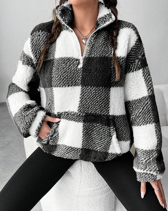Sweatshirt Halv-Zip Ståkrage Rutmönster